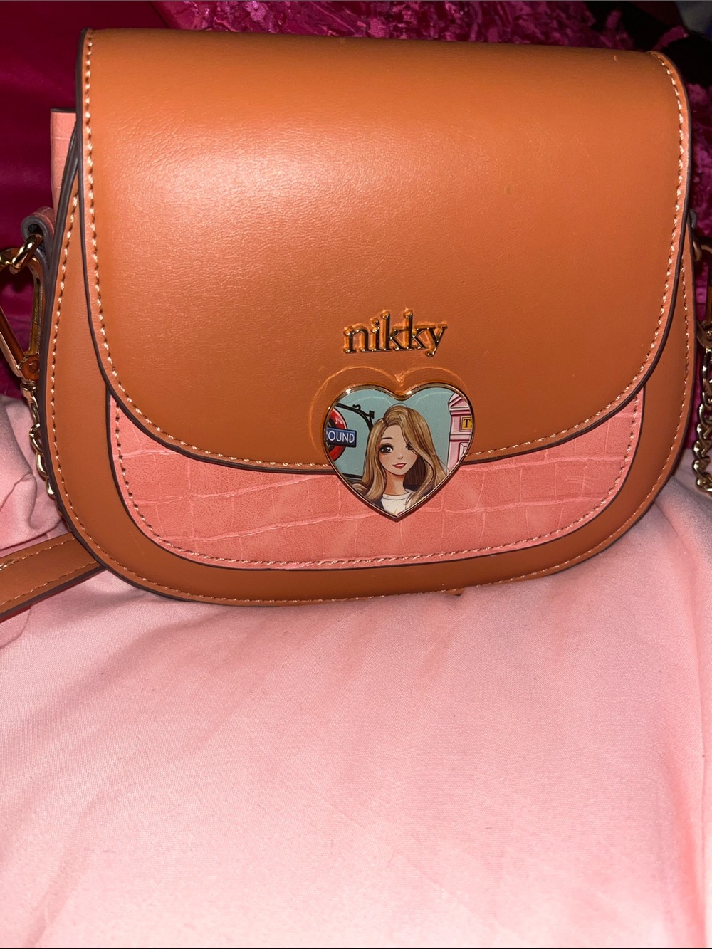 Blackmilk Pink and Tan Heart-Accent Crossbody Bag
